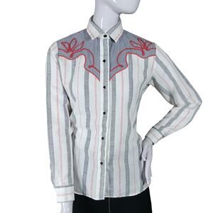 Vintage Kenny Rogers Cowgirl Western Shirt Size 11/12 White Gray Red Long Sleeve